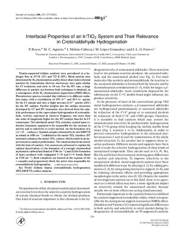 (PDF) Ir/TiO2 Catalyst Properties and Crotonaldehyde Hydrogenation