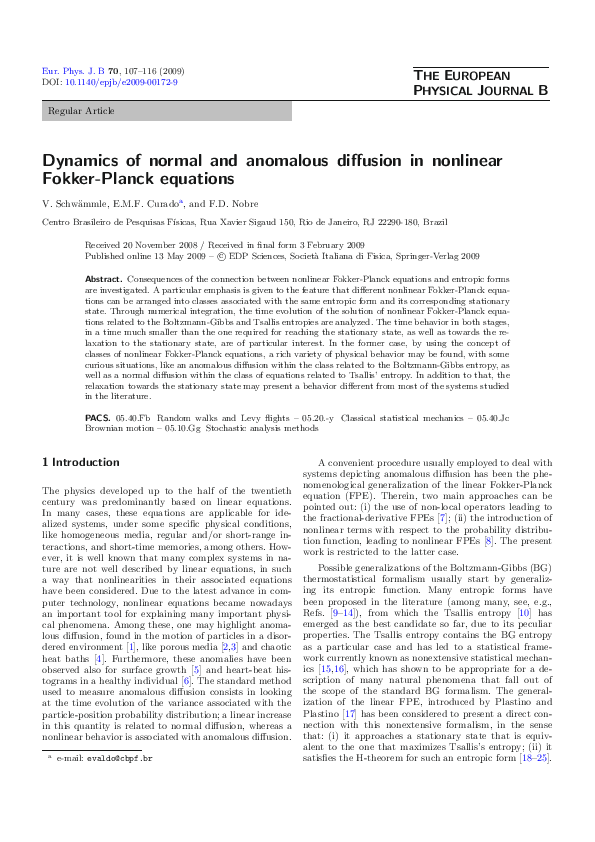 (PDF) Dynamics of normal and anomalous diffusion in nonlinear Fokker ...