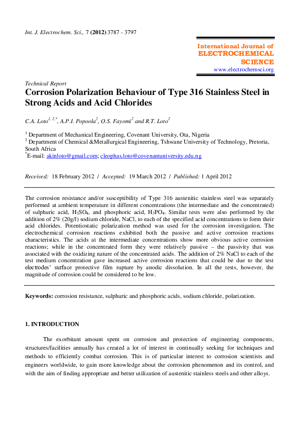 (PDF) Corrosion Polarization Behaviour of Type 316 Stainless Steel in ...
