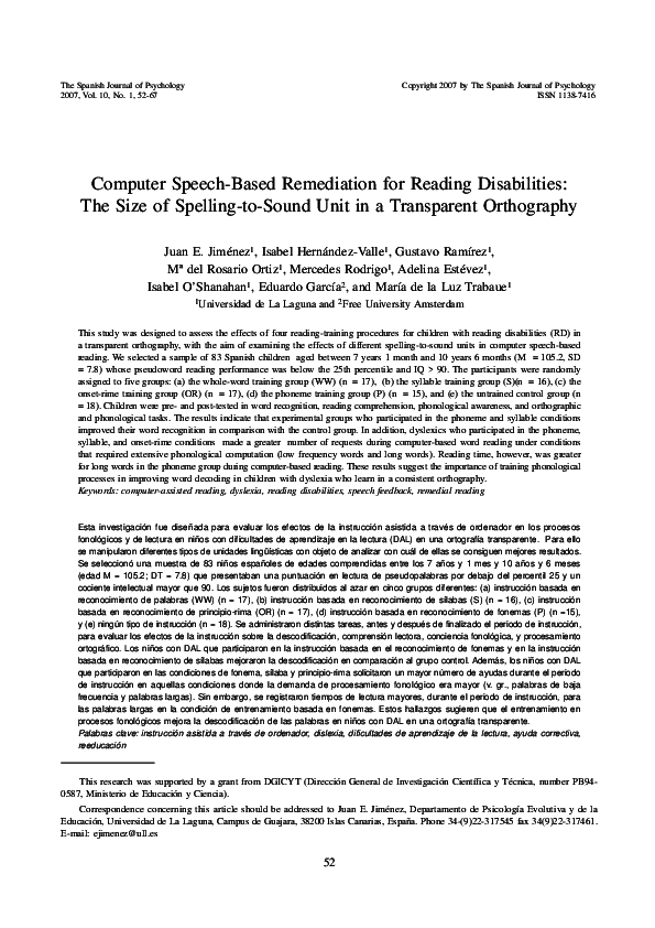 (PDF) Computer Speech-Based Remediation for Reading Disabilities: The ...
