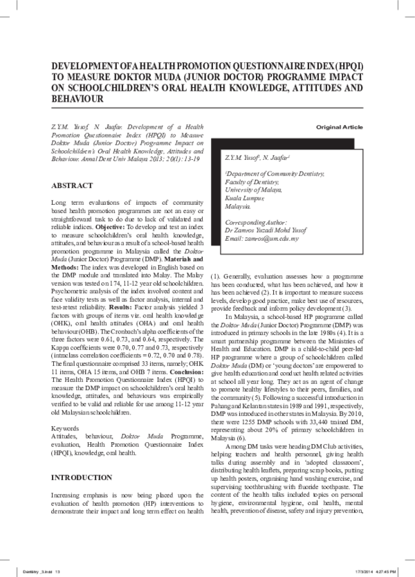 (PDF) Development of a Health Promotion Questionnaire Index (HPQI) to ...