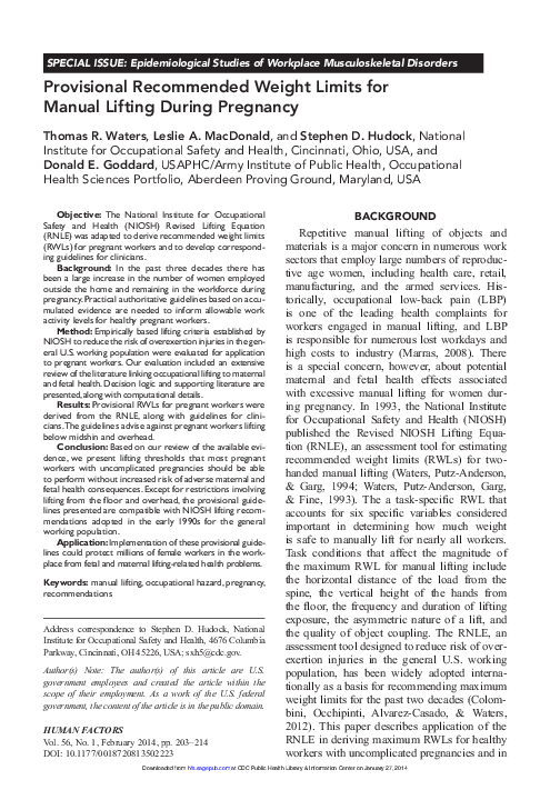 (PDF) Provisional Recommended Weight Limits for Manual Lifting During ...