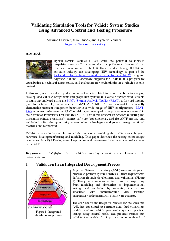 (PDF) Validating Simulation Tools for Vehicle System Studies Using Advanced Control and Testing