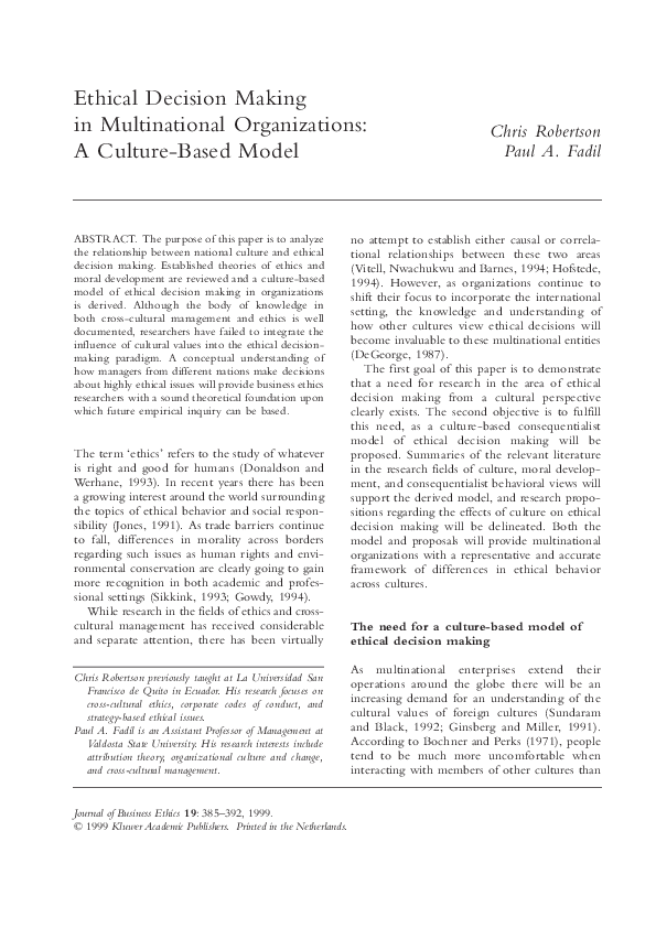 (PDF) Ethical decision making in multinational organizations: A culture ...