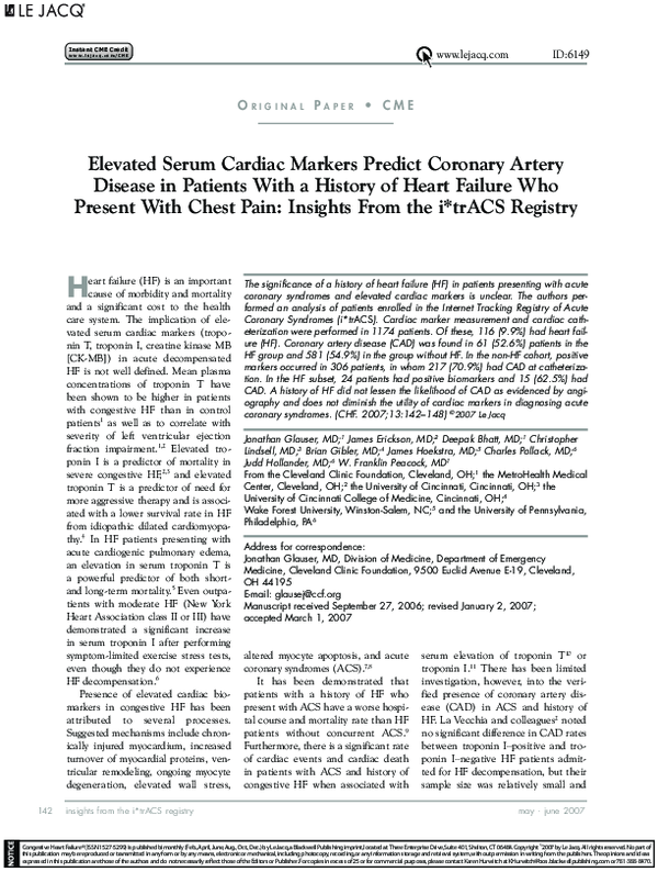 (PDF) Elevated Serum Cardiac Markers Predict Coronary Artery Disease in ...