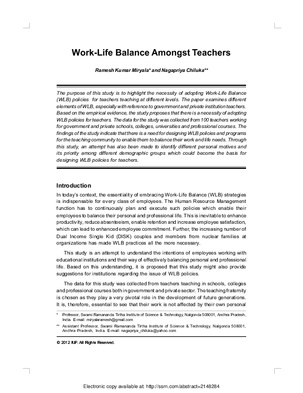(PDF) Work-Life Balance Amongst Teachers