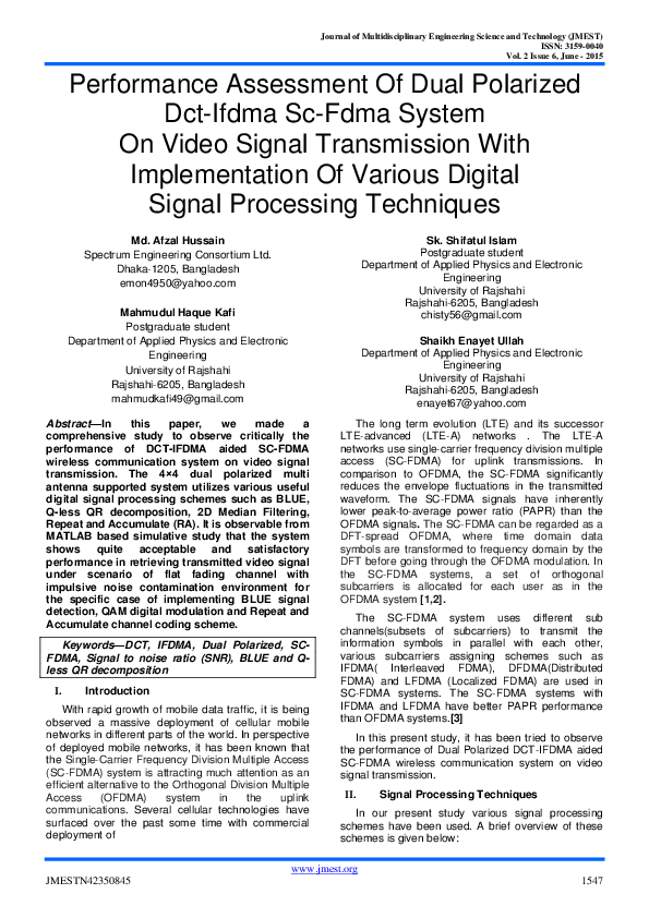 Performance Assessment Of Dual Polarized DctIfdma ScFdma System On