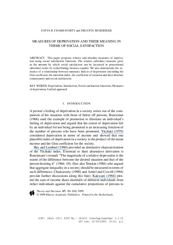 (PDF) Measures of Deprivation and their Meaning in Terms of Social Satisfaction Diganta
