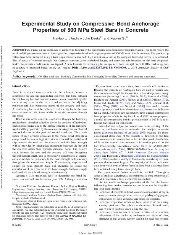 (PDF) Experimental Study on Compressive Bond Anchorage Properties of ...
