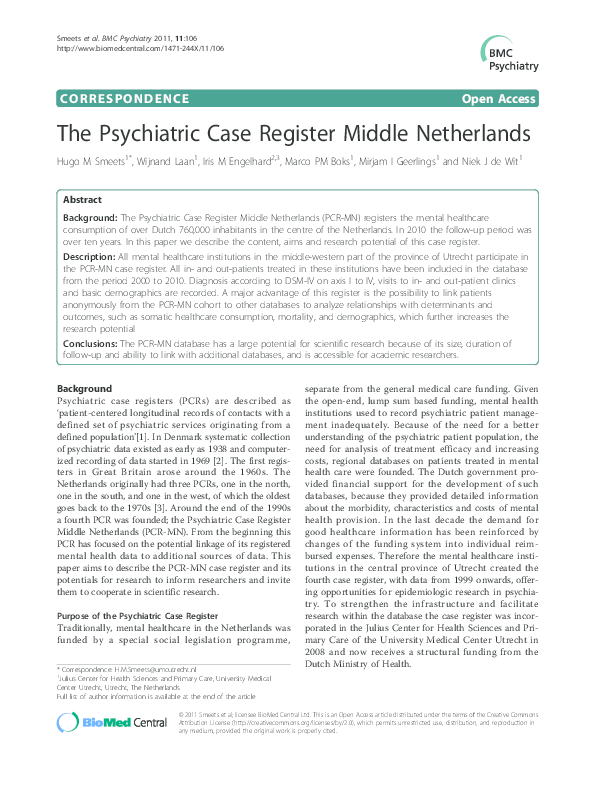 (PDF) The Psychiatric Case Register Middle Netherlands