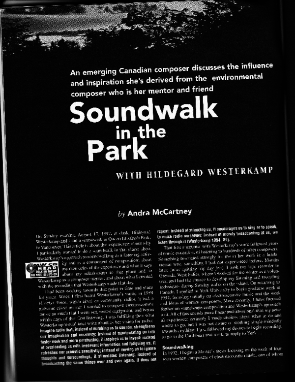 (PDF) Soundwalk in the Park with Hildegard Westerkamp, Musicworks 1998