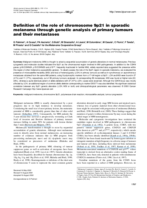 (PDF) Definition of the role of chromosome 9p21 in sporadic melanoma ...