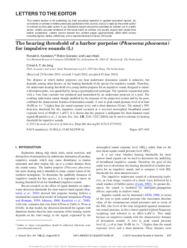 (PDF) The hearing threshold of a harbor porpoise (Phocoena phocoena ...