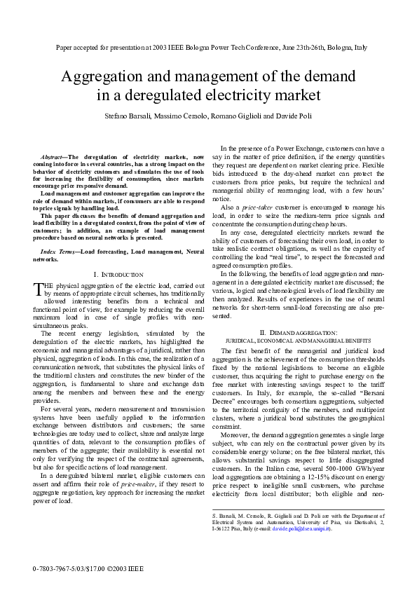 (PDF) Aggregation and management of the demand in a deregulated ...