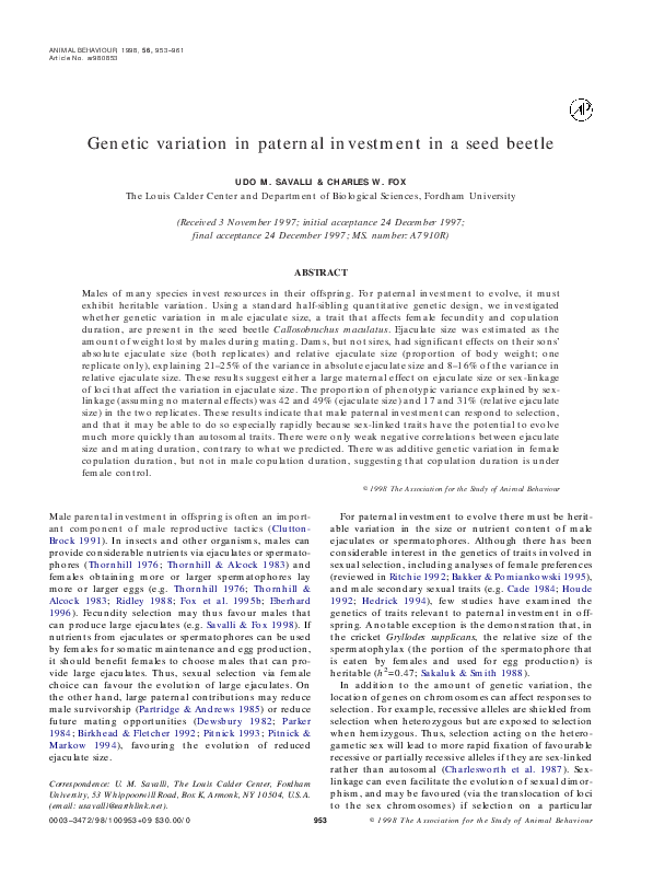 (PDF) variation in paternal investment in a seed beetle