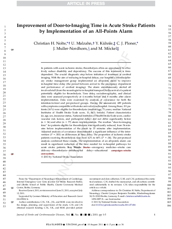 (PDF) Improvement of DoortoImaging Time in Acute Stroke Patients by