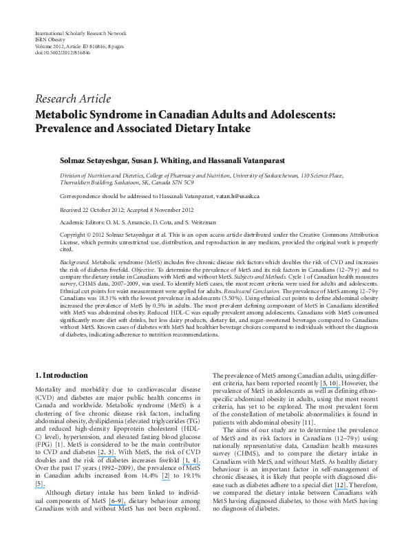 (PDF) Metabolic Syndrome in Canadian Adults and Adolescents: Prevalence ...