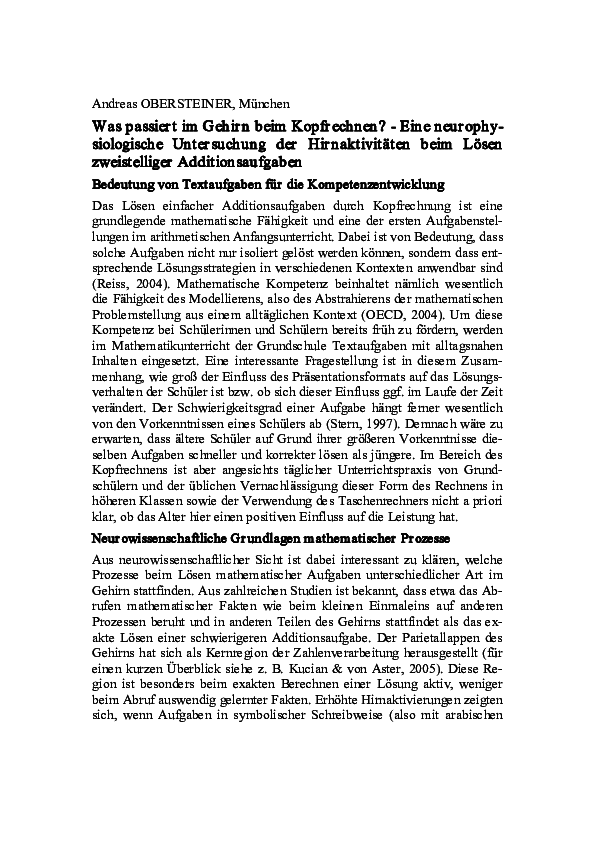 (PDF) Was passiert im Gehirn beim Rechnen? Eine neurophysiologische Untersuchung der (PDF) Was passiert im Gehirn beim Rechnen? Eine neurophysiologische Untersuchung der