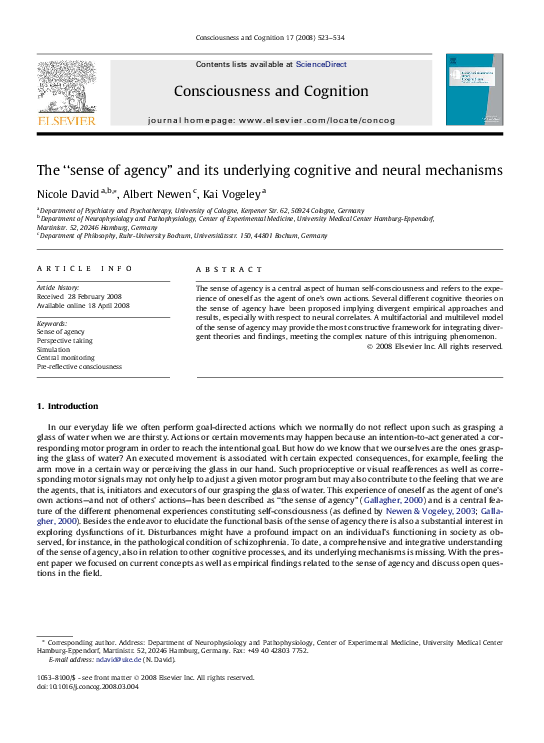 (PDF) The “sense of agency” and its underlying cognitive and neural ...