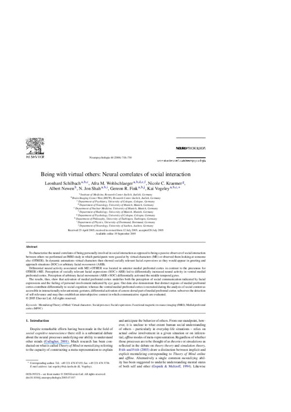 (PDF) Being with virtual others: Neural correlates of social interaction