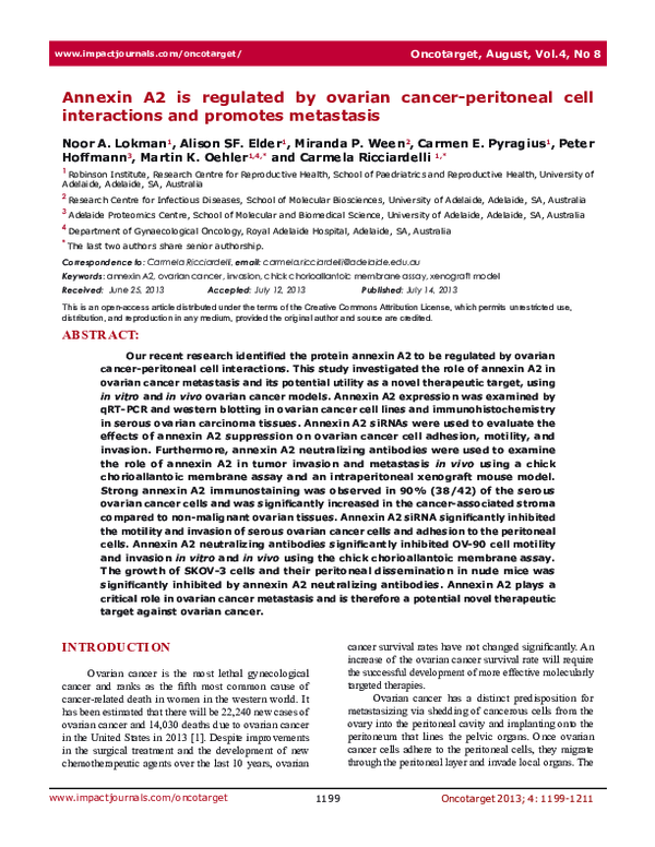 (PDF) Annexin A2 is regulated by ovarian cancer-peritoneal cell ...