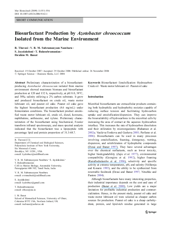 (PDF) Biosurfactant Production by Azotobacter chroococcum Isolated from ...