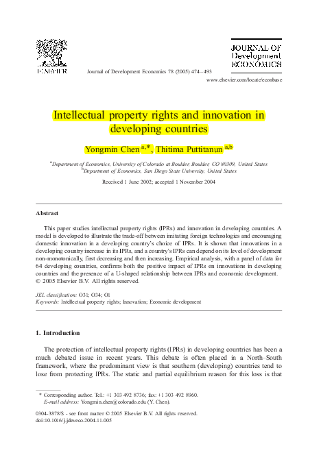 (PDF) Intellectual property rights and innovation in developing countries