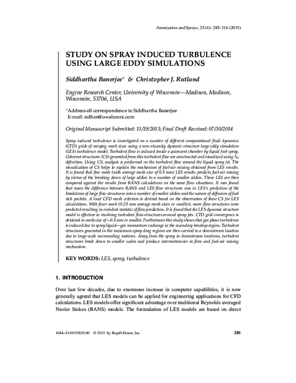 (PDF) Study of Spray Induced Turbulence using Large Eddy Simulations