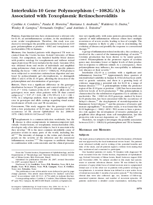 (PDF) Interleukin-10 Gene Polymorphism (-1082G/A) is Associated with ...