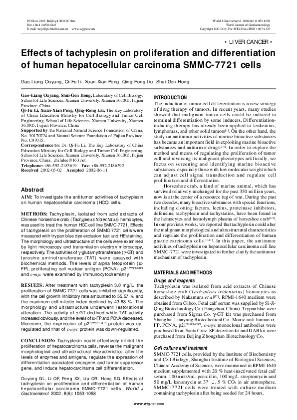 (PDF) Effects of tachyplesin on proliferation and differentiation of ...