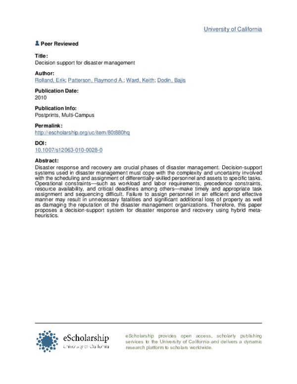 (PDF) Decision support for disaster management