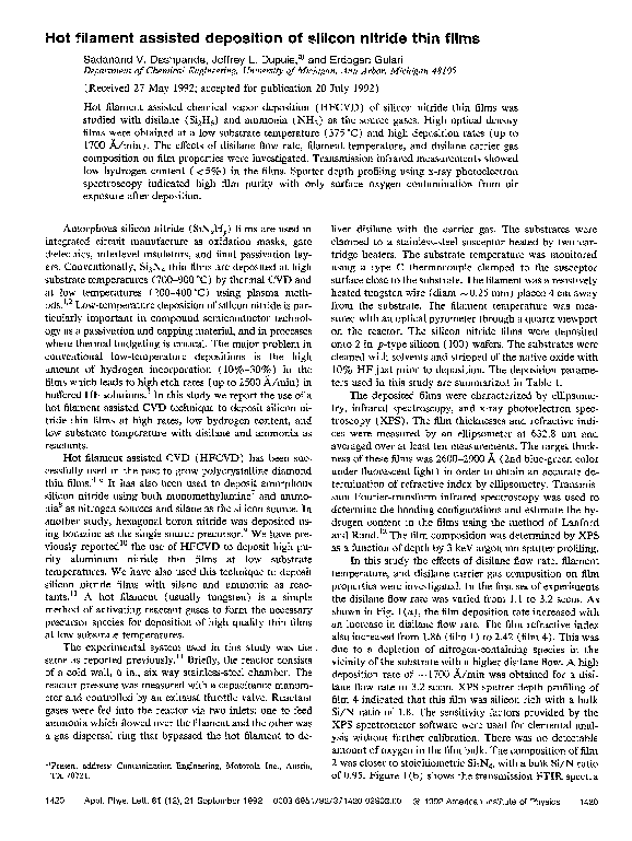 (PDF) Hot filament assisted deposition of silicon nitride thin films