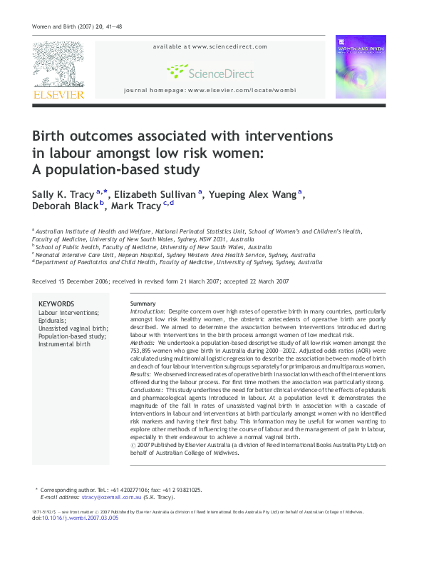 (PDF) Birth outcomes associated with interventions in labour amongst ...
