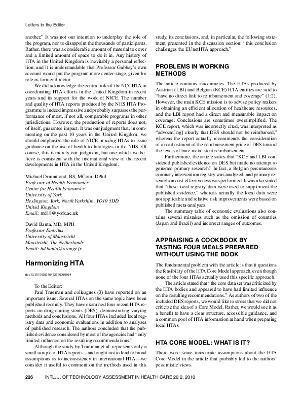 (PDF) Harmonizing HTA