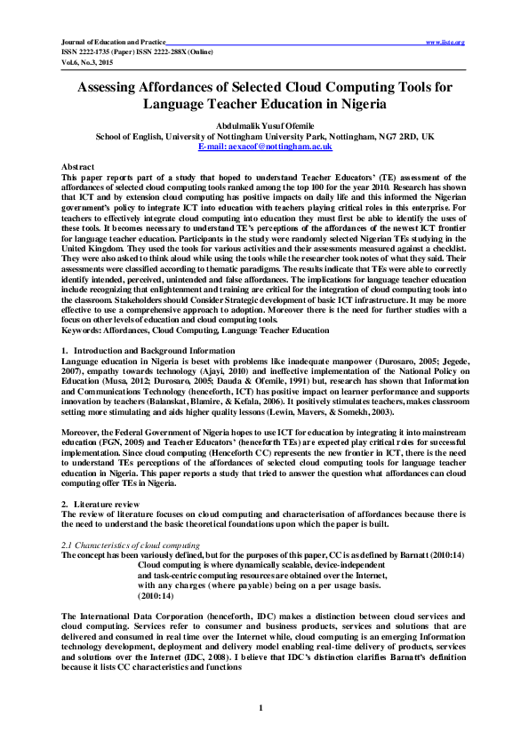 (PDF) Assessing Affordances of Selected Cloud Computing Tools for ...
