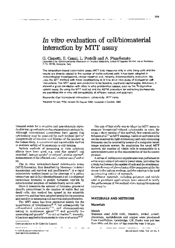 (PDF) In vitro evaluation of cell/biomaterial interaction by MTT assay