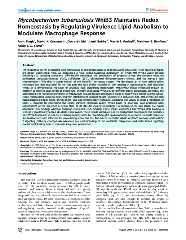(PDF) Mycobacterium tuberculosis WhiB3 Maintains Redox Homeostasis by ...