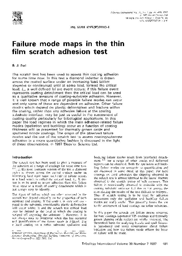 (PDF) Failure mode maps in the thin film scratch adhesion test Steve J Bull Academia.edu
