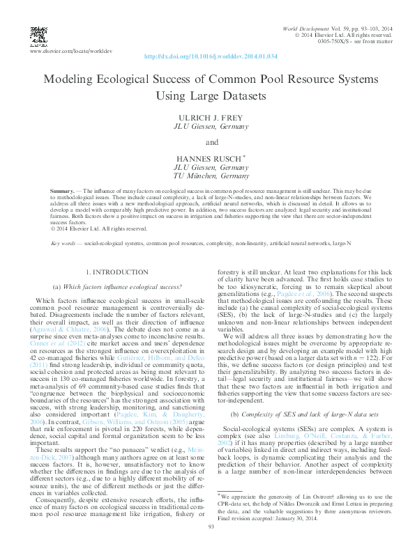 (PDF) Modeling Ecological Success of Common Pool Resource Systems Using ...