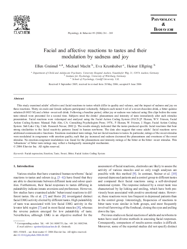(PDF) Facial and affective reactions to tastes and their modulation by ...