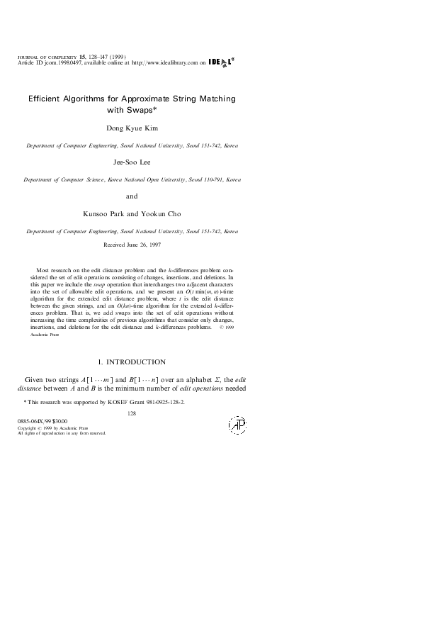 (PDF) Efficient Algorithms for Approximate String Matching with Swaps
