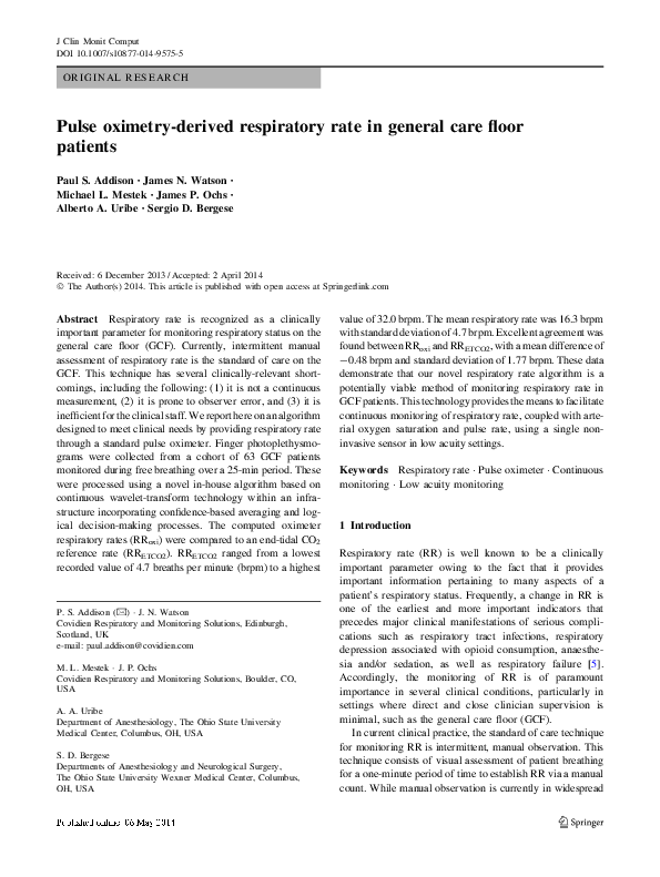 (PDF) Pulse oximetryderived respiratory rate in general care floor