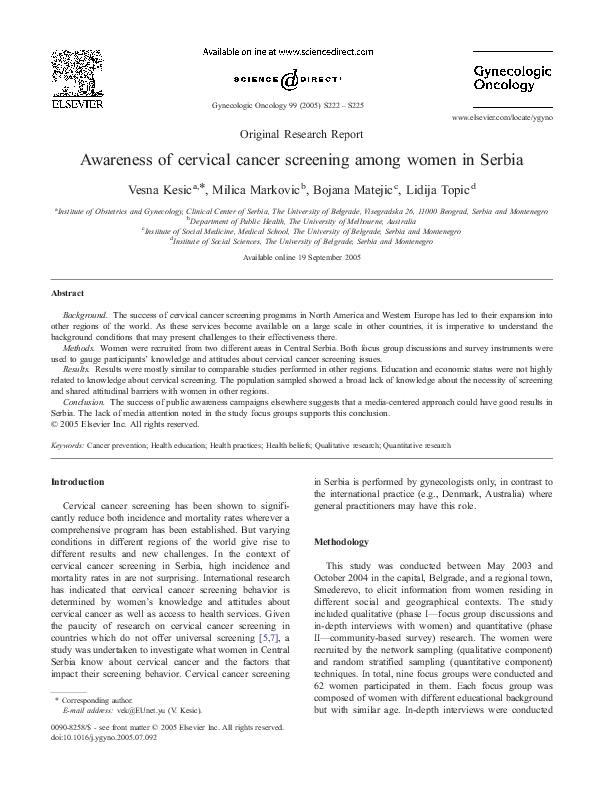 (PDF) Awareness of cervical cancer screening among women in Serbia