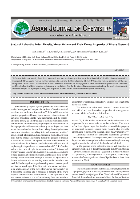 (PDF) Study of Refractive Index, Density, Molar volume and their Excess ...