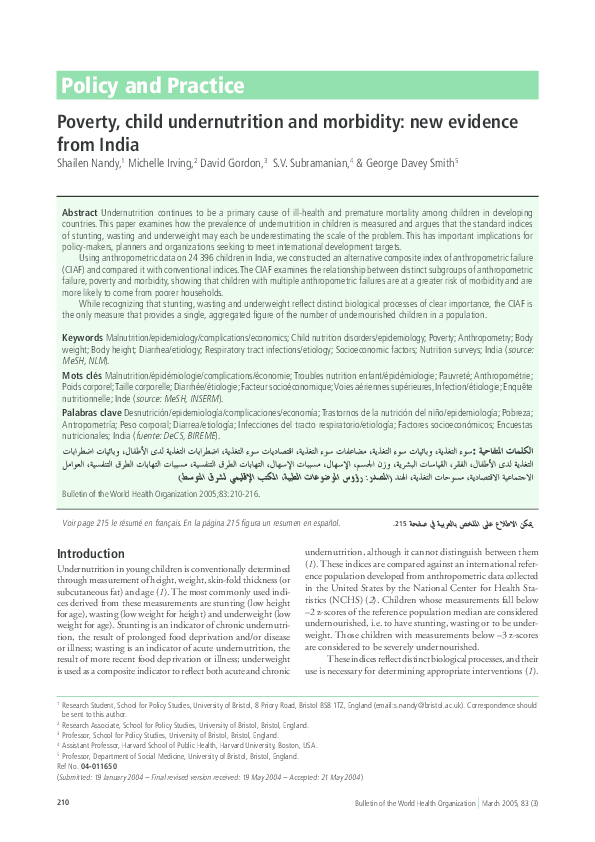 (PDF) Poverty, child undernutrition and morbidity: new evidence from India