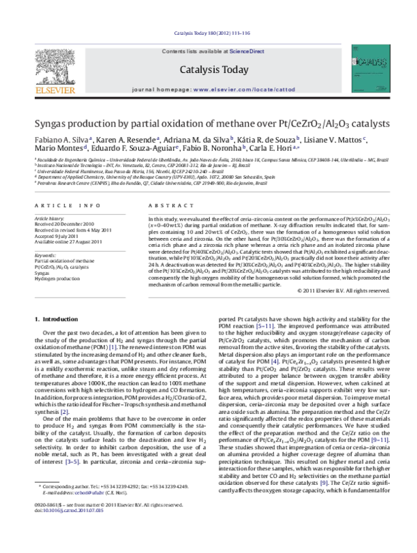 (PDF) Syngas production by partial oxidation of methane over Pt/CeZrO2 ...