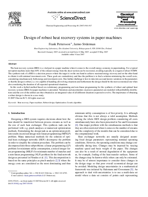 (PDF) Design of robust heat recovery systems in paper machines