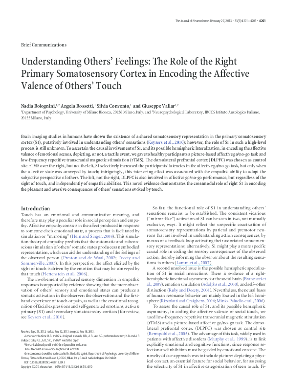 (PDF) Understanding Others' Feelings: The Role of the Right Primary ...