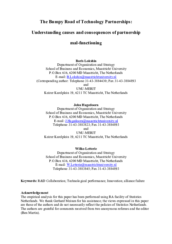 (PDF) The bumpy road of technology partnerships Understanding causes