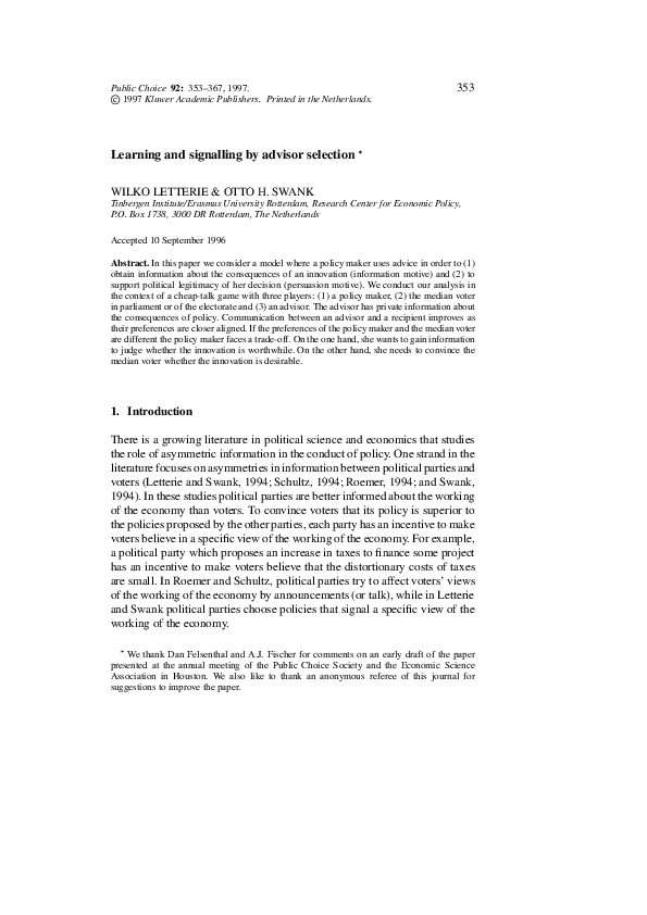 (PDF) Learning and signalling by advisor selection Wilko Letterie